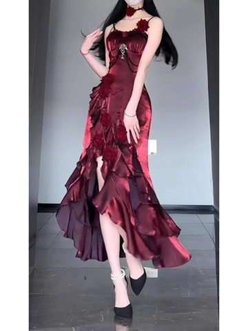 Niulatu High Low Spaghetti Straps Long Burgundy Birthday Dresses Birthday Outfits SD462